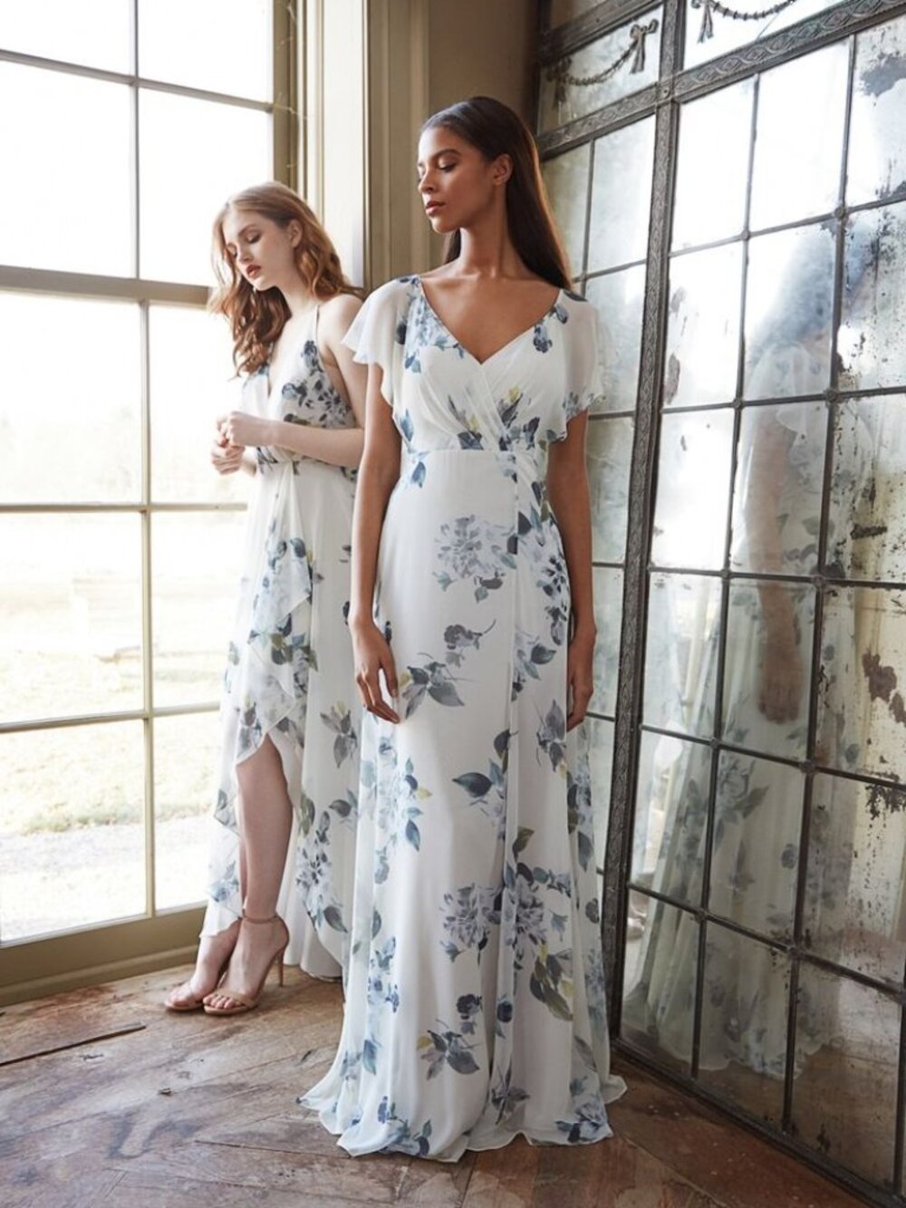 Jenny Yoo Alanna Long Floral Chiffon Gown Dress Flutter Sleeve Open Back 4 US